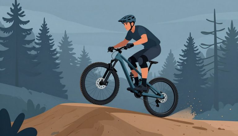 Un vététiste saute avec son vélo turquoise au-dessus d’un monticule sur un sentier forestier.
