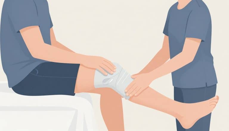 Une personne assise maintient son genou droit glacé sur un coussin.