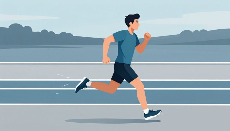 Un coureur accélère sur une piste composée de zones bleue et grise.