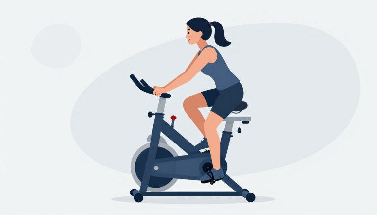 Une femme portant une genouillère pédale sur un vélo d’appartement dans une pièce lumineuse.