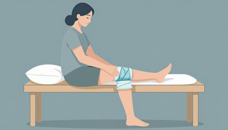 Une femme surélève son genou enflé avec une poche glacée et un coussin blanc.