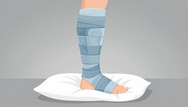Une jambe pliée avec une poche de glace sur le genou, posée sur un coussin blanc.