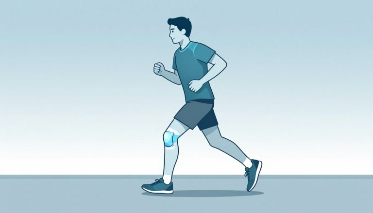 Un coureur presse une poche de glace contre l’extérieur de son genou droit.
