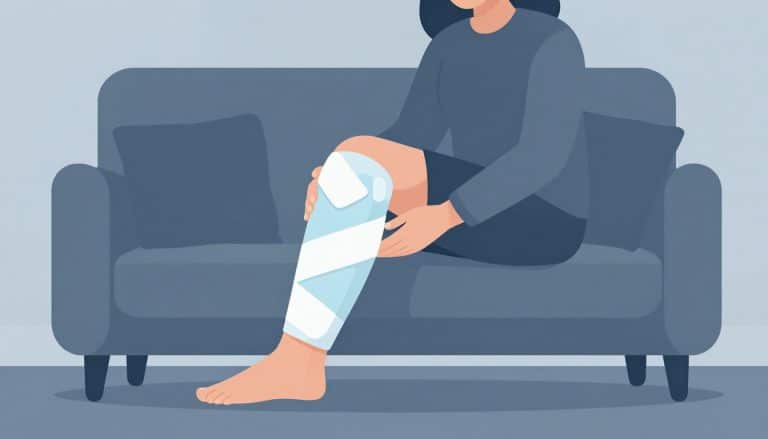 Une femme pose une poche de glace sur son genou, la jambe gauche soutenue par un coussin.
