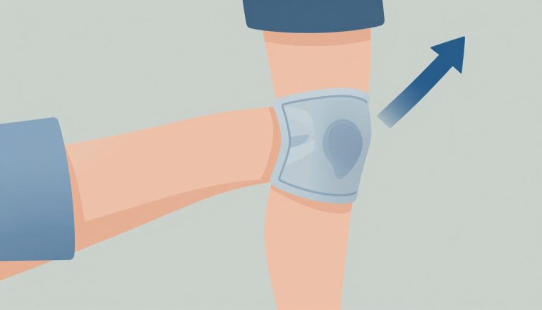 Illustration d’un genou droit gonflé, recouvert d’une poche de glace et indiqué par une flèche vers le haut.