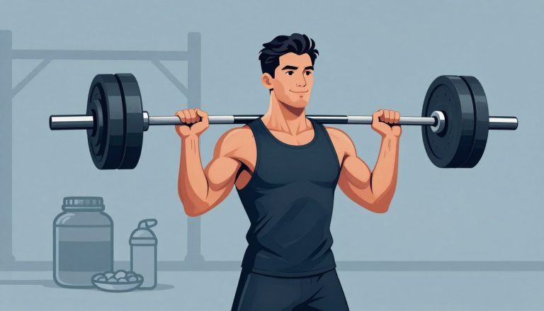 Un homme musclé tient une barre chargée sur ses épaules dans une salle de sport.