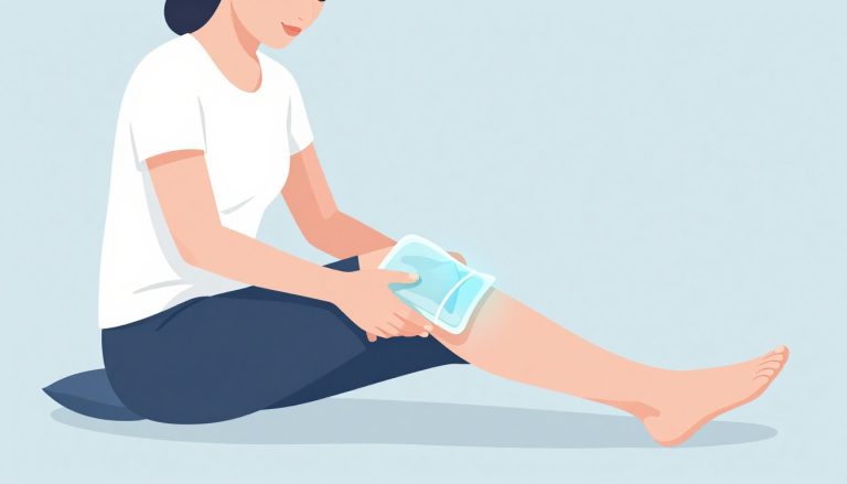 Une femme surélève sa jambe avec une poche de glace sur le genou gonflé.