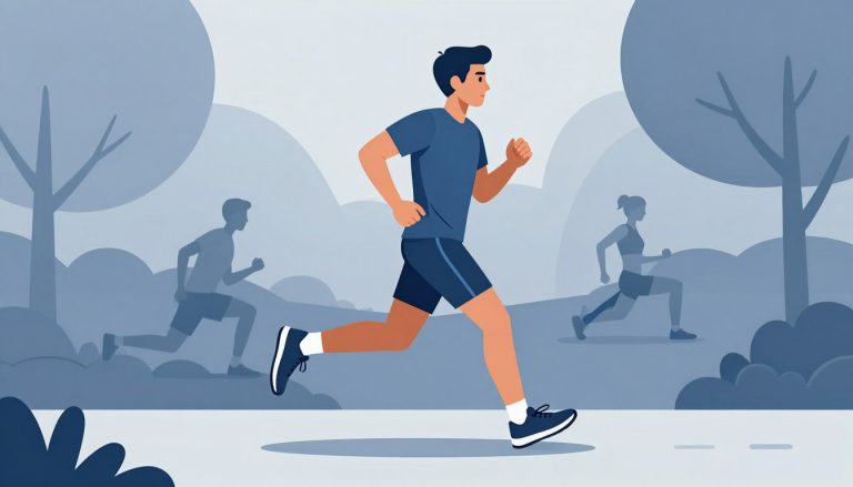 Coureur sur un sentier avec des icônes d’exercices de renforcement.