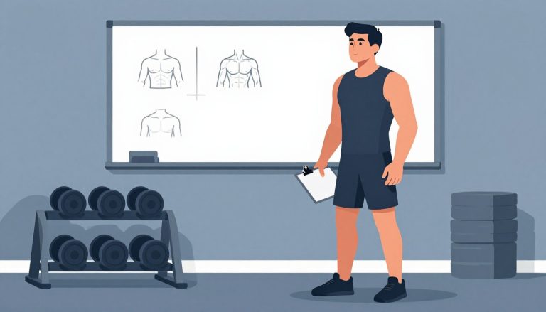 Un athlète tient un clipboard près d’haltères et d’un tableau illustrant les muscles.