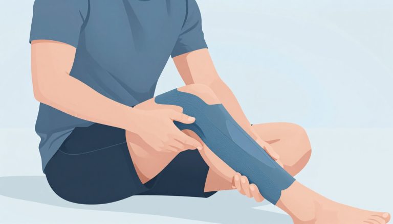 Un homme applique une bande bleue autour de l’extérieur de son genou fléchi.