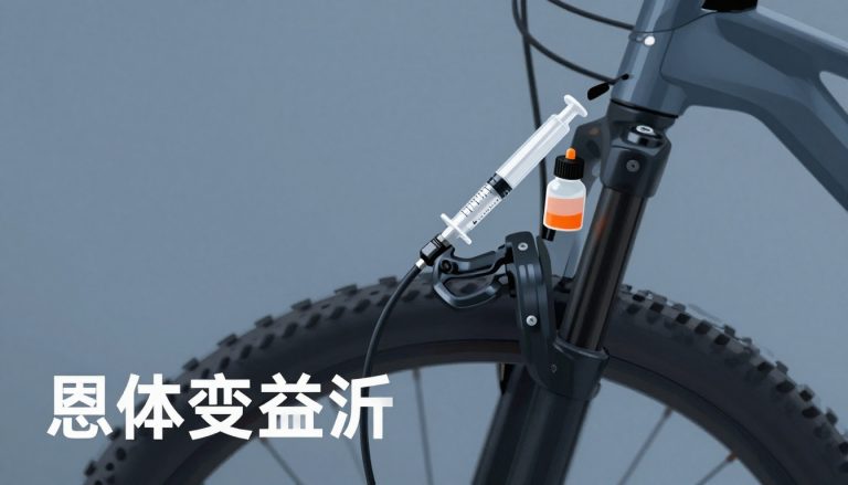 Poignée de frein VTT reliée à une seringue, avec liquide orange et rotor en arrière-plan.
