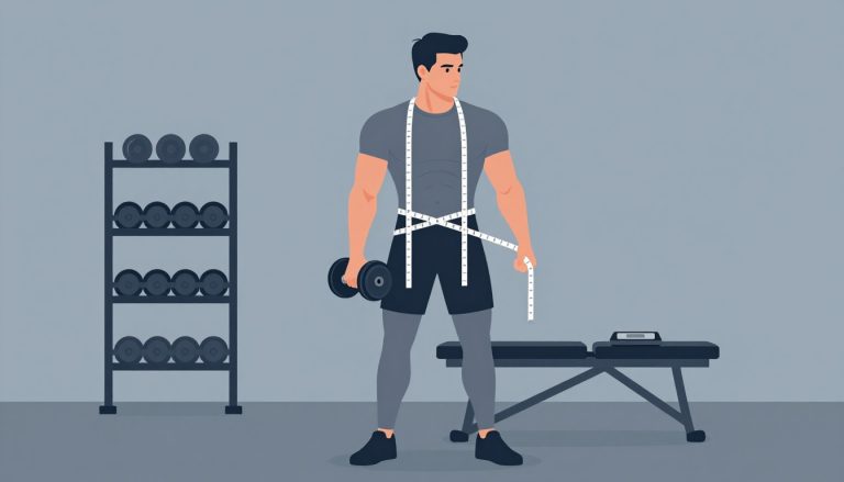 Un culturiste mesure sa taille avec un mètre-ruban, haltère en main, dans une salle de sport.