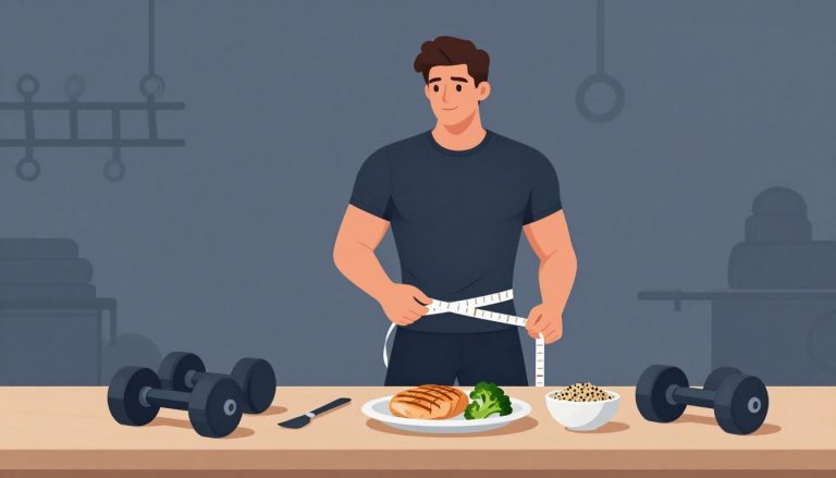 Un homme mesure sa taille dans une salle de sport, près d’un repas sain et d’haltères noirs.