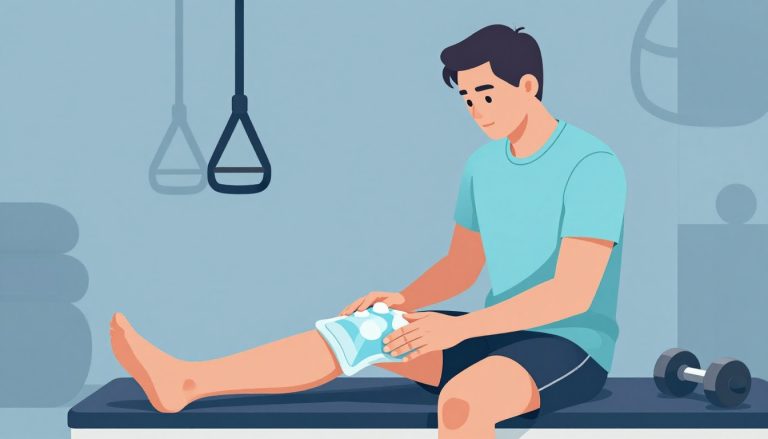 Un coureur assis applique une poche de glace sur son genou droit.