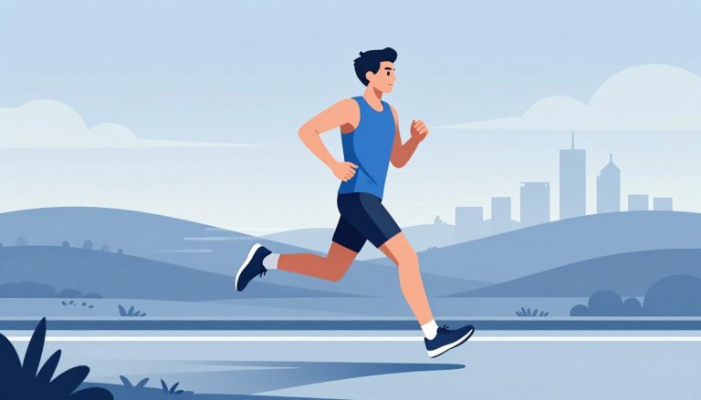 Un coureur en bleu avance sur un sentier ensoleillé.