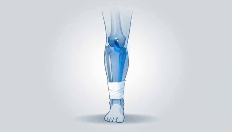 Genou fléchi avec liquide bleu, poche de glace et pied légèrement surélevé.