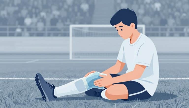 Un adolescent étire son genou avec une poche de glace sur la rotule.