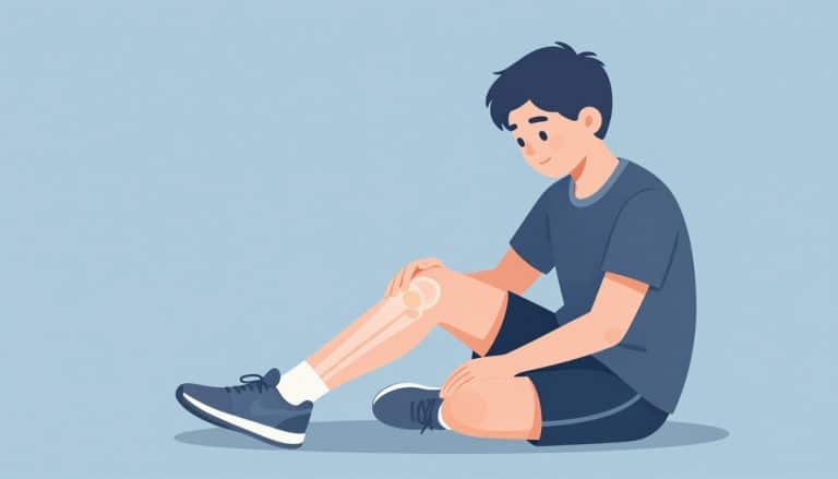 Adolescent assis étirant son genou droit, avec la tubérosité tibiale mise en évidence.