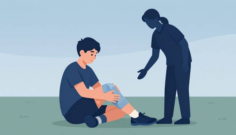 Un adolescent étire sa cuisse avec une genouillère, accompagné par un kinésithérapeute sur un terrain.