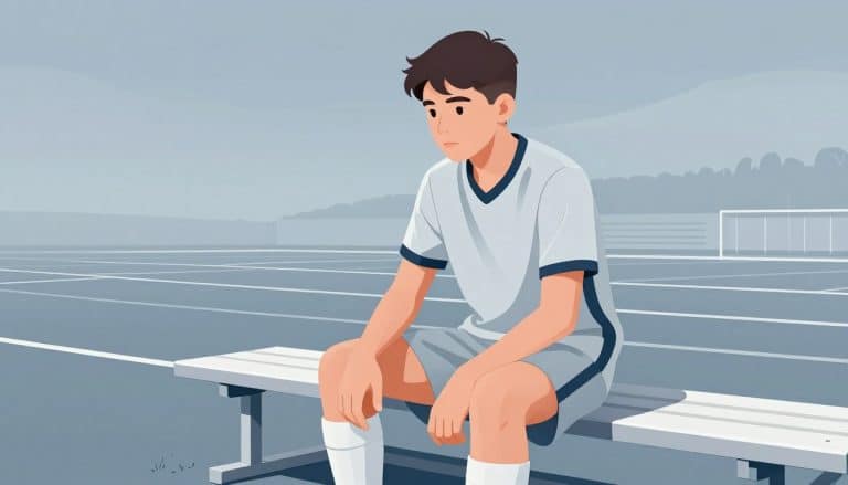 Jeune footballeur assis, tenant son tibia devant une piste.