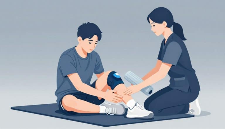 Un adolescent étire son genou droit, accompagné par une kinésithérapeute.
