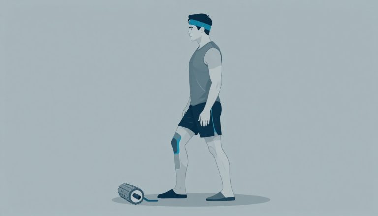 Un sportif montre la zone externe du genou avec un rouleau et un élastique au sol.