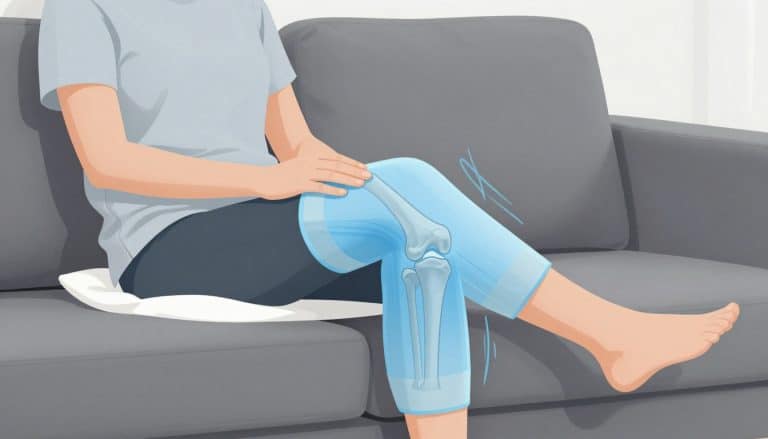 Une femme repose sa jambe sur un coussin, avec une poche froide autour du genou gonflé.