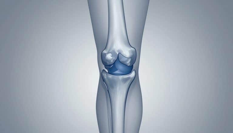 Vue frontale d’un genou avec un ligament coloré en bleu.