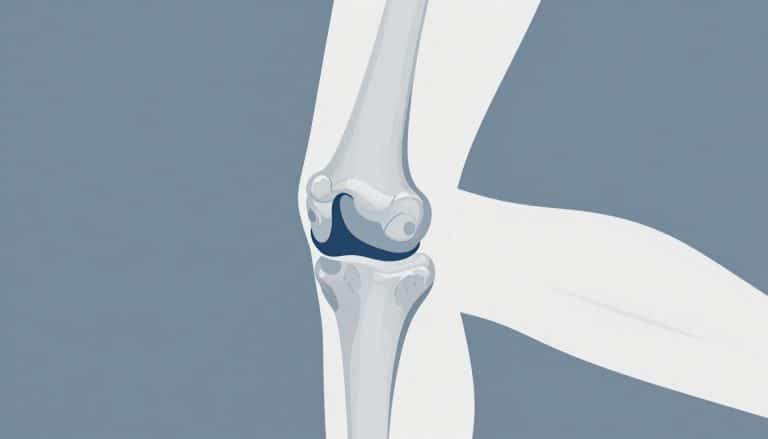 Vue de profil d’un genou avec le ligament latéral mis en évidence en bleu.