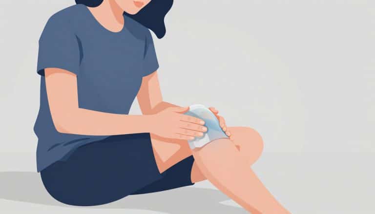 Une femme assise applique une poche de glace sur son genou droit.