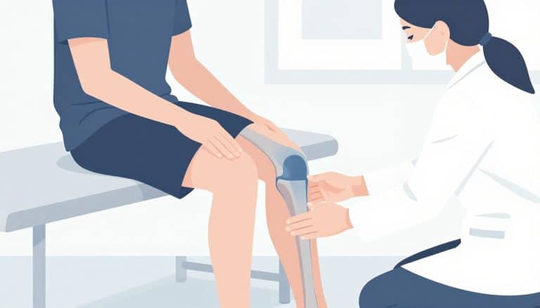 Un patient assis tend la jambe tandis qu’une kinésithérapeute soutient son genou.