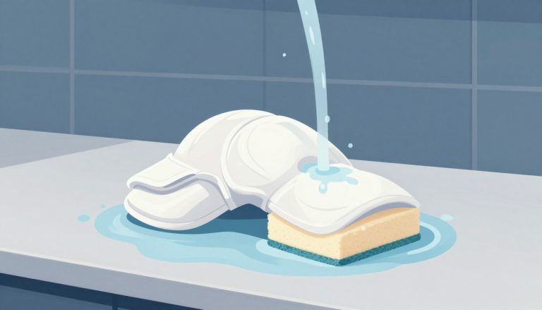 Des genouillères blanches rincées à l’eau sur un comptoir gris.