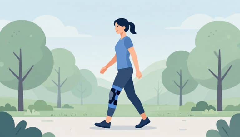 Une femme marche dans un parc avec une genouillère au genou mis en évidence en bleu.