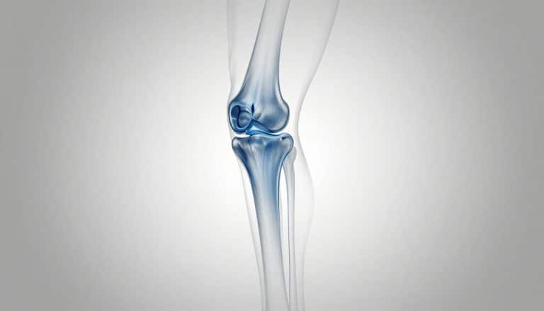Un genou en vue latérale montre une fissure et un cartilage aminci en bleu.