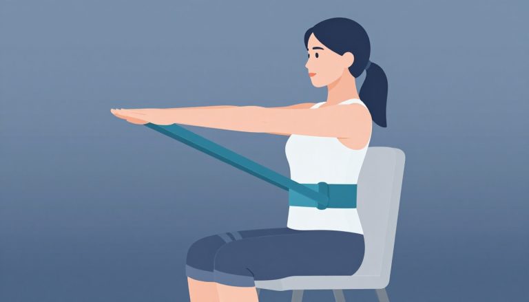 Une femme assise tend doucement le genou avec un élastique turquoise.