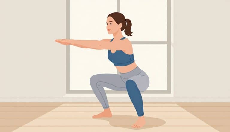 Une femme effectue un squat doux, le genou droit signalé en bleu.