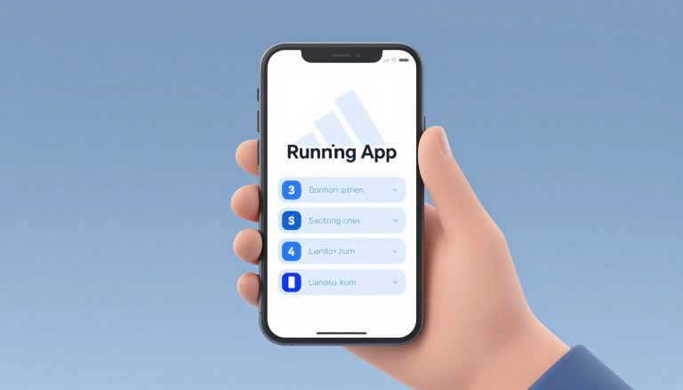 Une main tient un smartphone affichant l’application adidas Running avec un menu de langue en bleu.