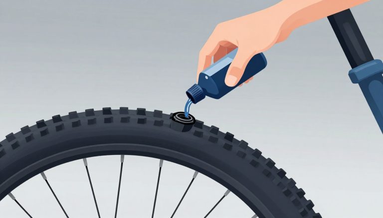 Une main verse du liquide préventif bleu dans la valve d’un pneu VTT tubeless.