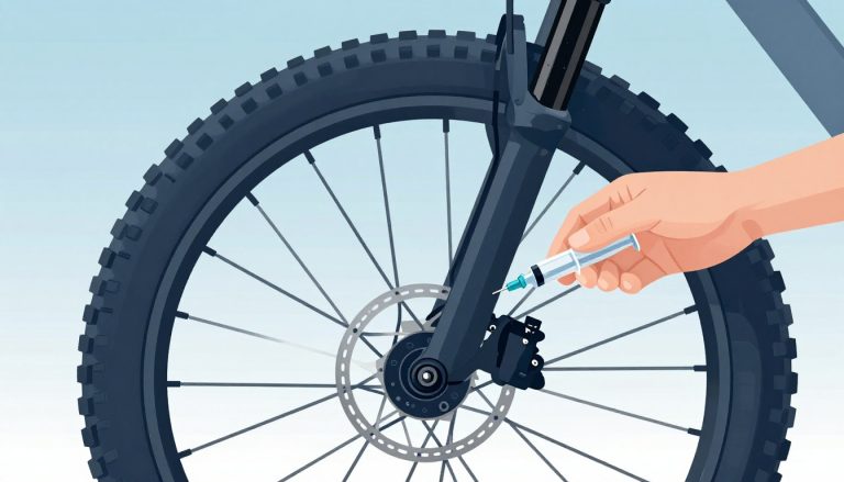 Une main injecte du liquide préventif dans la valve ouverte d’un pneu VTT.