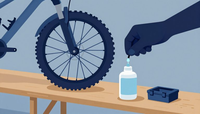 Une main verse du liquide préventif dans le pneu tubeless d’un VTT.