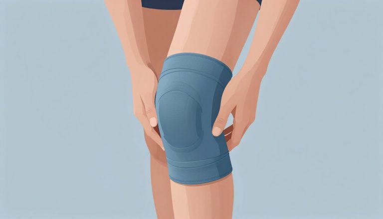 Un strap bleu est posé autour de la face interne d’un genou légèrement fléchi.