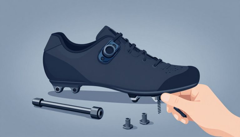 Chaussure de VTT noire avec cale, vis et clé Allen.
