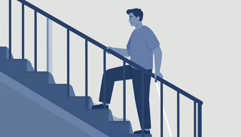 Un homme monte prudemment un escalier avec une rampe et une canne blanche.