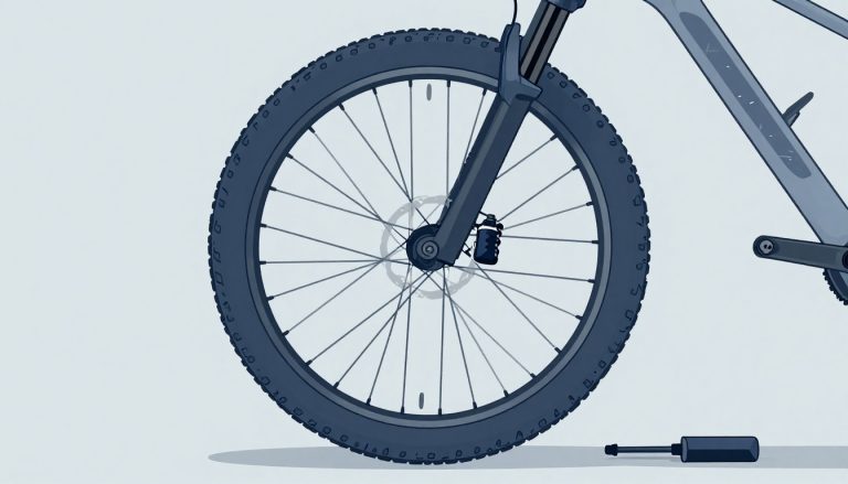 Roue de VTT avec pneu tubeless, flacon de préventif et pompe sur un établi.