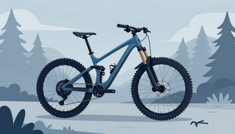 VTT équipé de garde-boue avant et arrière sur un sentier forestier.