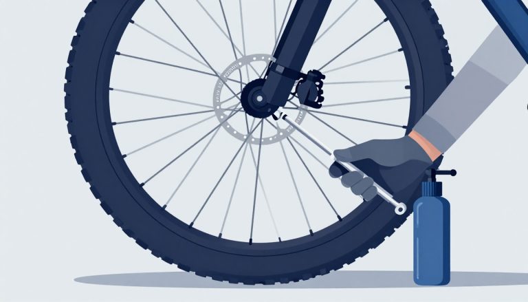 Roue de VTT sur pied, pneu tubeless à moitié monté avec démonte-pneu, préventif et pompe.