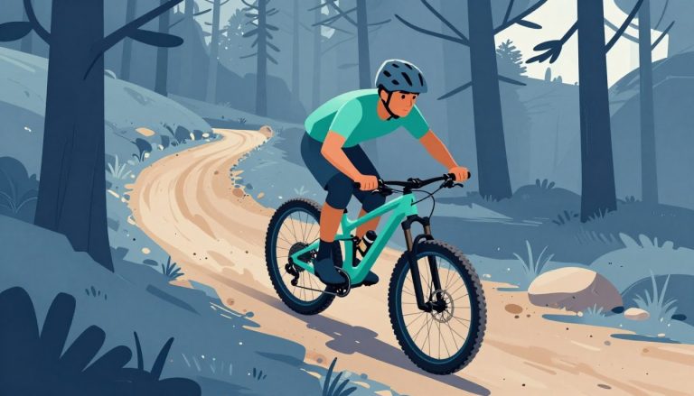 Un vététiste en jersey turquoise monte un sentier abrupt entre les pins.