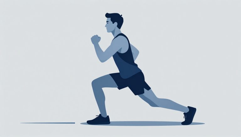 Un coureur effectue un squat profond, avec les muscles des jambes légèrement soulignés en bleu.
