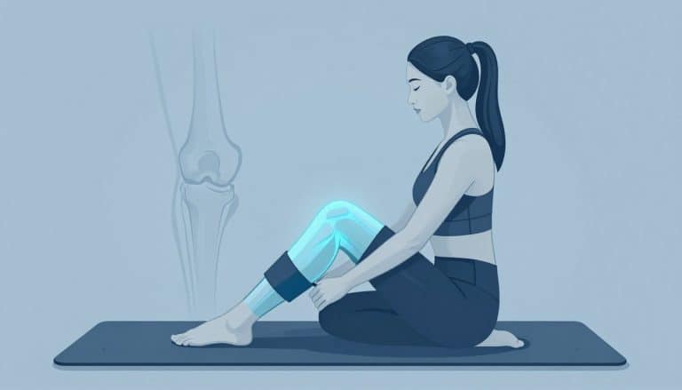 Femme faisant une extension douce de la jambe avec une bande autour du genou droit.