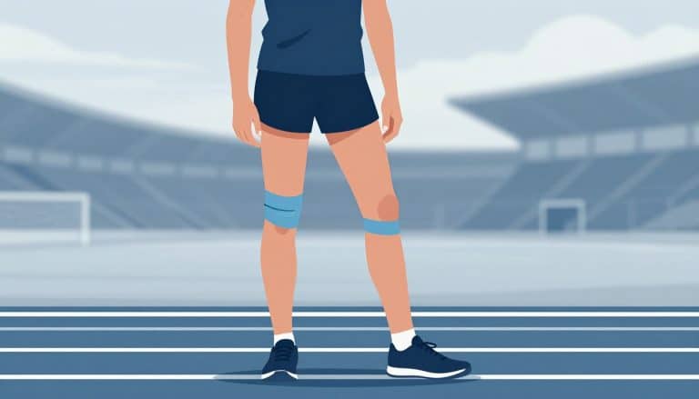 Un jeune coureur porte une genouillère fine au genou droit sur une piste.